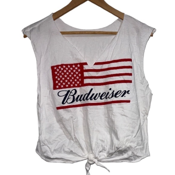 Budweiser tee shirt cuff off sleeves cropped raw hem tie front medium - Picture 1 of 3